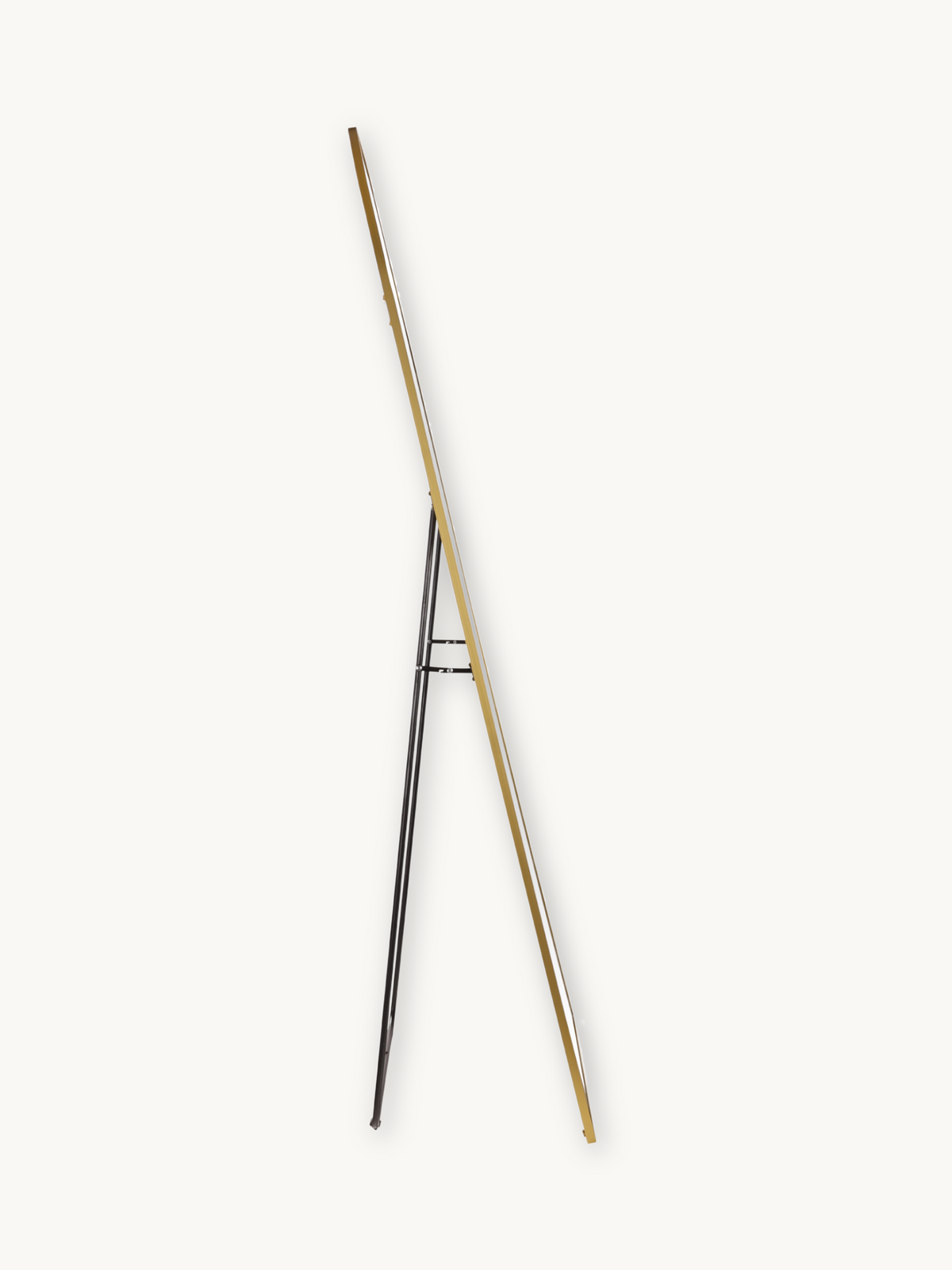 Side profile of 160x60 cm arched floor mirror showing gold aluminium frame edge and black metal easel-style back bracket