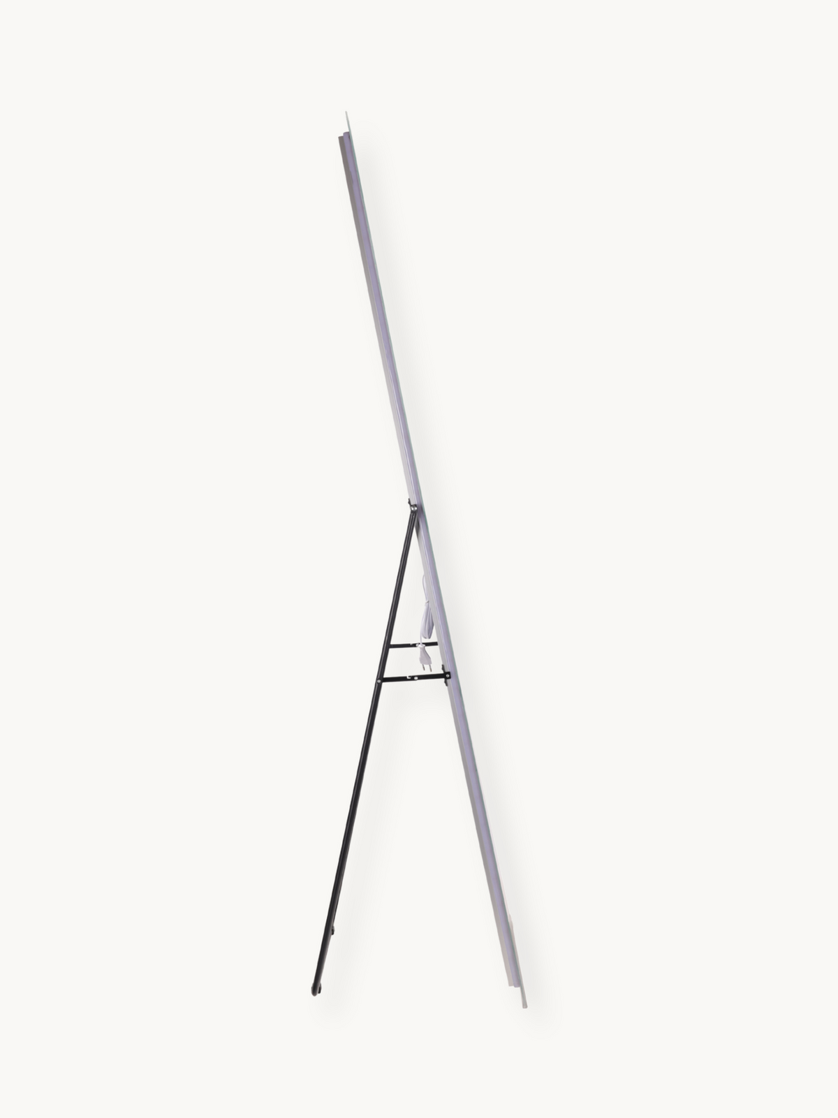 Side profile of LED standing mirror on black tripod easel stand, power cable visible, white background, 160 cm tall