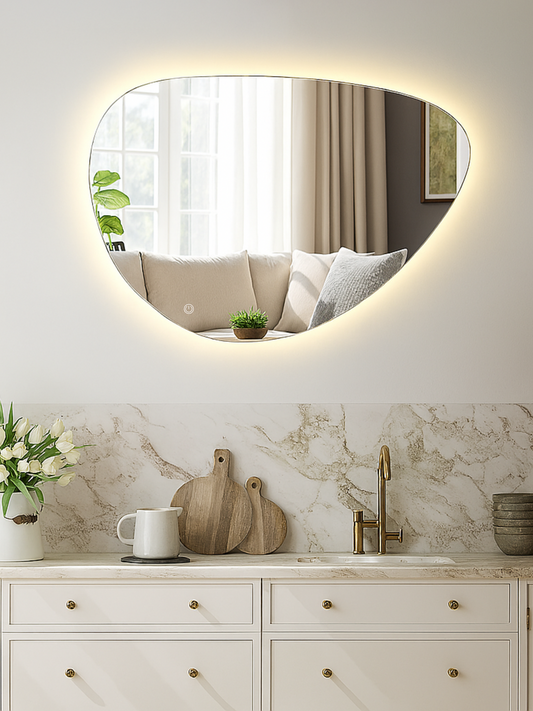 Asymmetrical bathroom mirror Marco with dimmable LED lighting