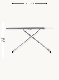 Side-profile view of light grey ironing board with dimension annotations: 110–125 cm width and 90–97 cm height options shown
