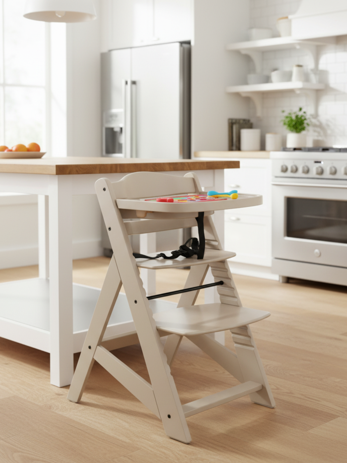 Clay beige wooden highchair beside kitchen island, tray holding colourful toys, safety harness visible, light hardwood flo…
