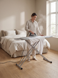 Woman ironing a white shirt on a light grey ironing board in a sunlit bedroom, visible steam rising from a grey steam iron