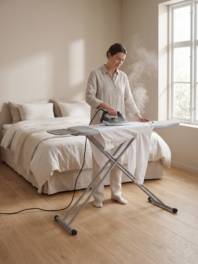 Woman ironing a white shirt on a light grey ironing board in a sunlit bedroom, visible steam rising from a grey steam iron