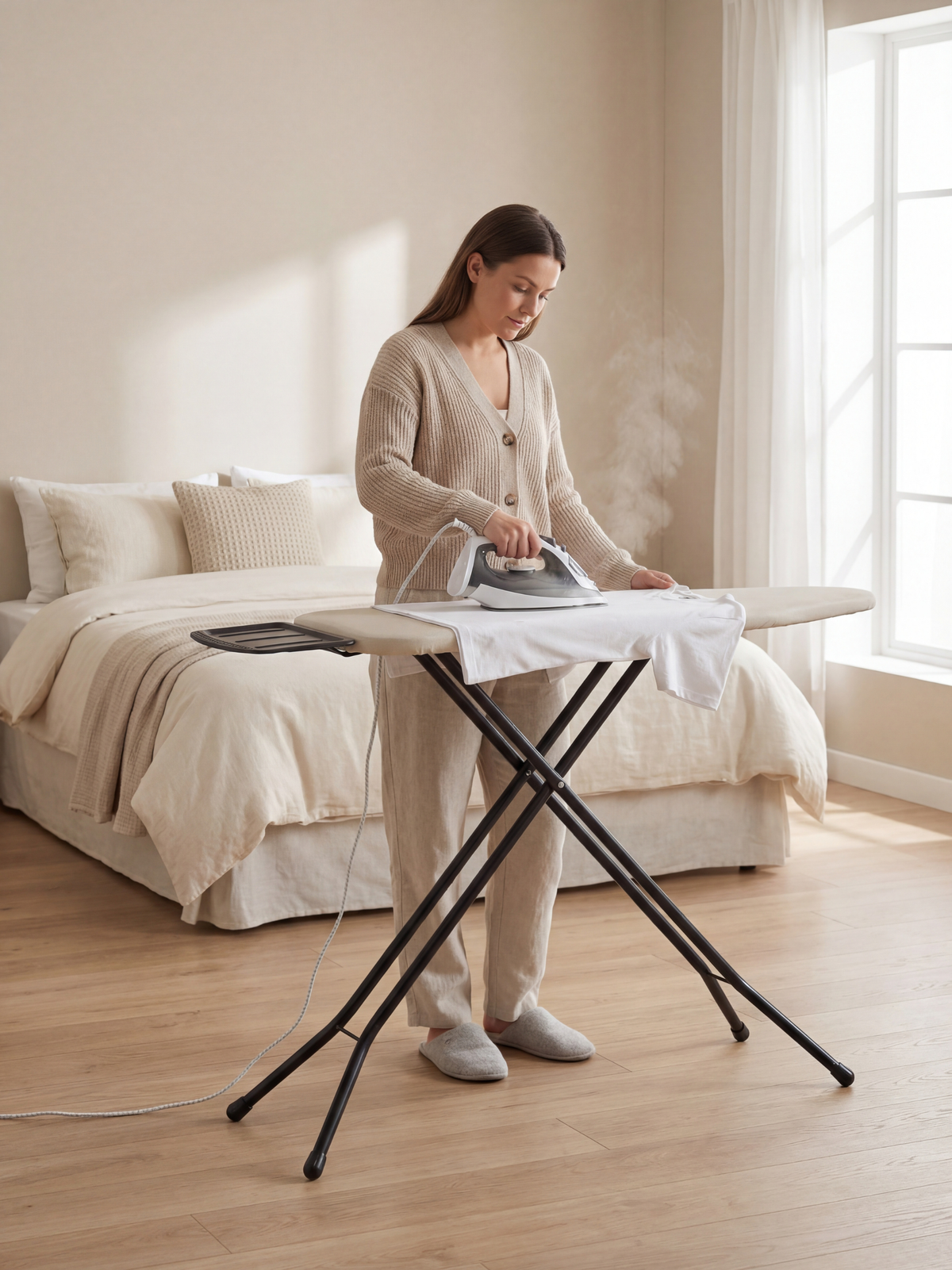 Woman ironing a white shirt in a sunlit bedroom, using a taupe ironing board with black steel legs and a steam iron restin…