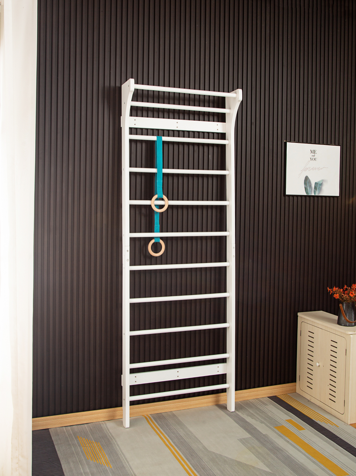 White wall-mounted climbing frame with teal gymnastic rings attached, styled in a dark-panelled home room setting