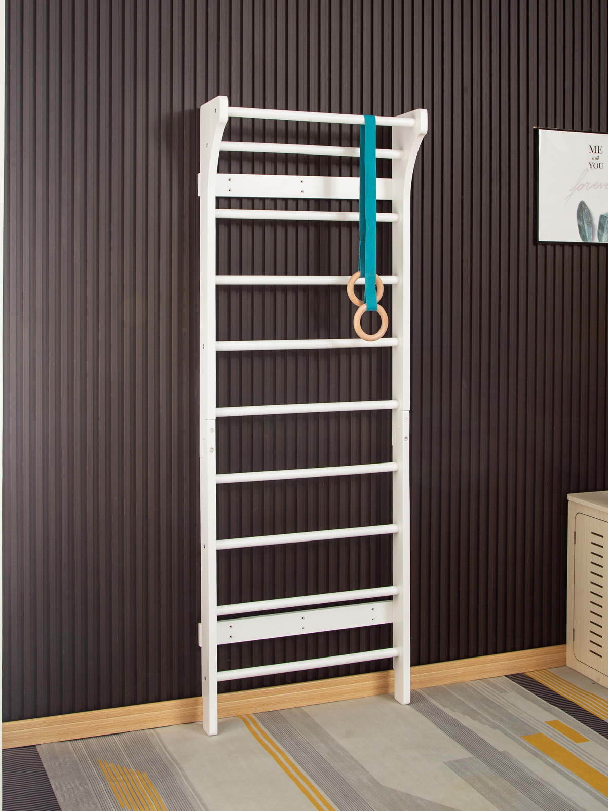 White wooden wall bar climbing frame with teal gymnastics rings attached, angled view in a furnished room setting