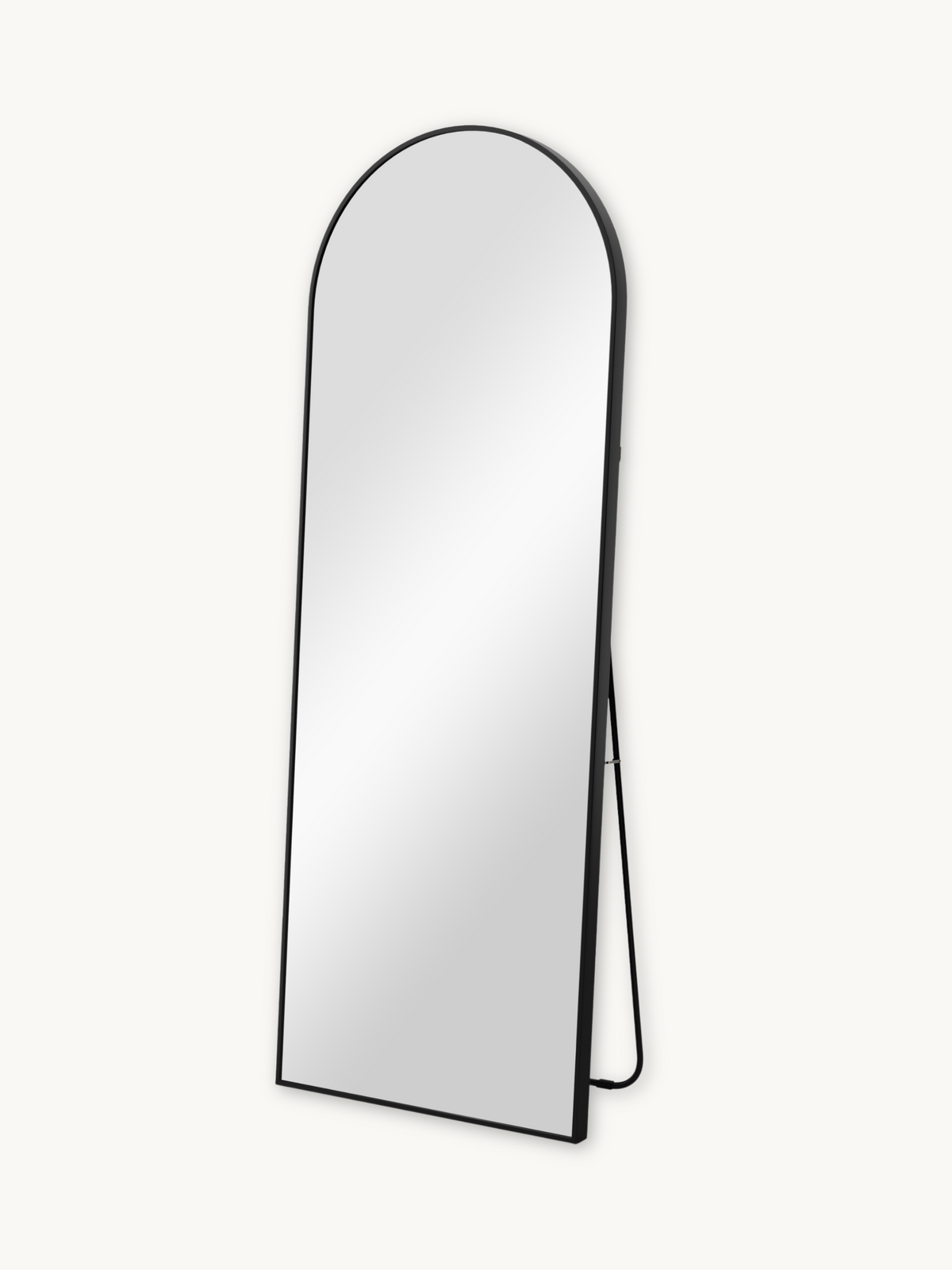 Black arched floor mirror on easel stand, angled three-quarter view showing slim aluminium frame and A-frame support