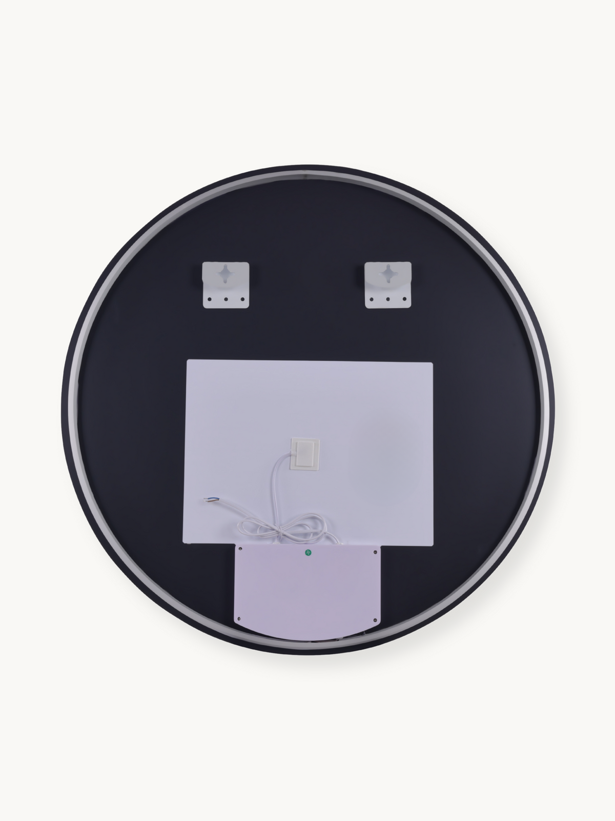 Back of round LED bathroom mirror showing dark panel, white electronic housing with power cable, and two wall-mounting bra…