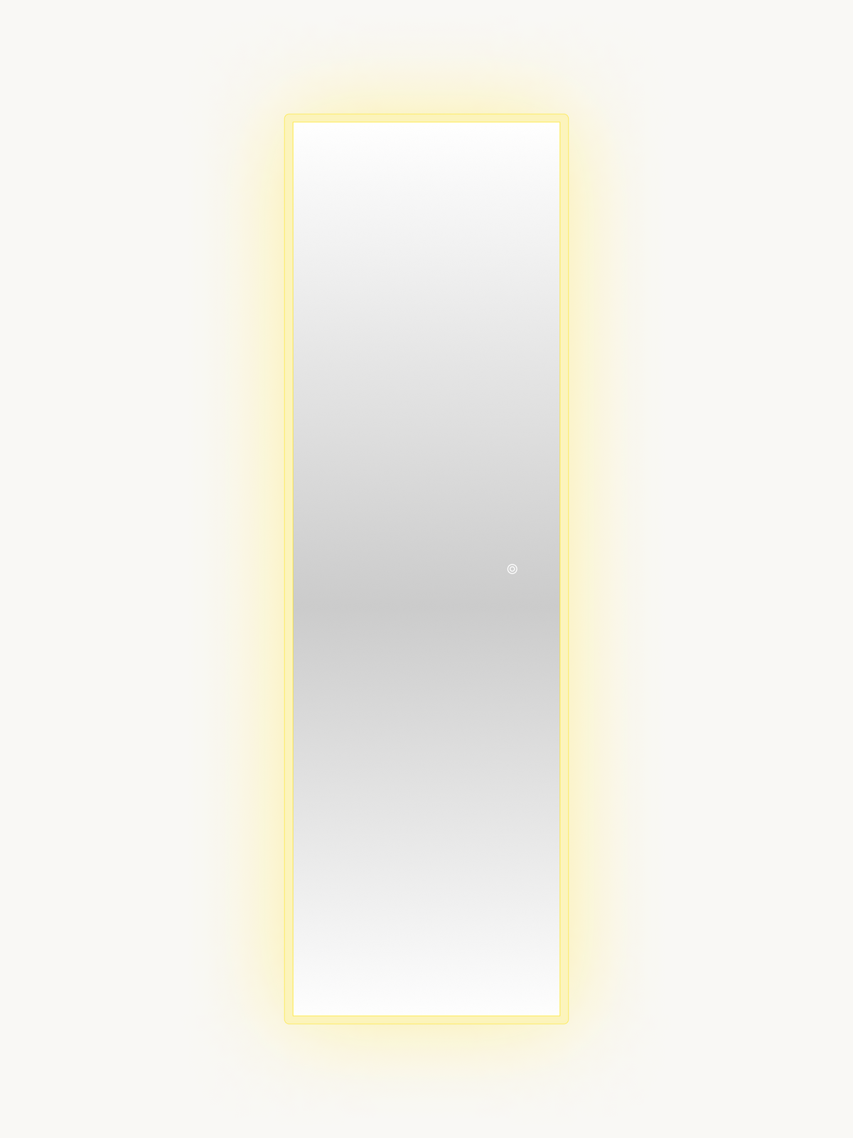 Full-length rectangular LED backlit standing mirror glowing warm yellow, front view on neutral background, touch button vi…