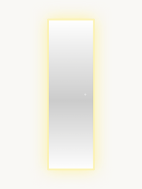 Full-length rectangular LED backlit standing mirror glowing warm yellow, front view on neutral background, touch button vi…