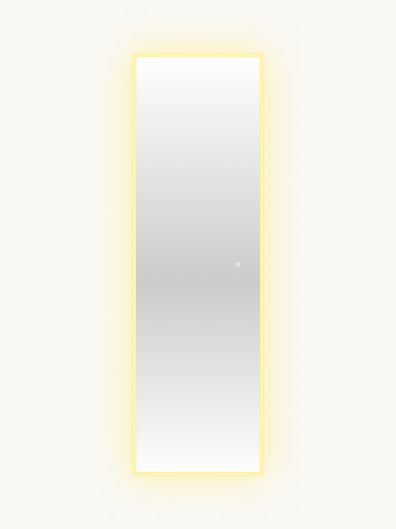 Full-length rectangular LED backlit standing mirror glowing warm yellow, front view on neutral background, touch button vi…