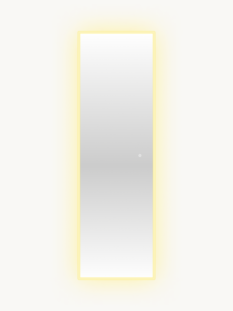 Full-length rectangular LED backlit standing mirror glowing warm yellow, front view on neutral background, touch button vi…