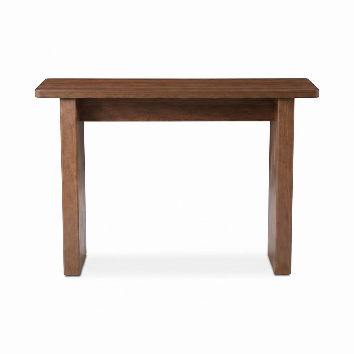 Walnut-finish solid wood console table, front view, with ribbed square legs and slim rectangular top on white background