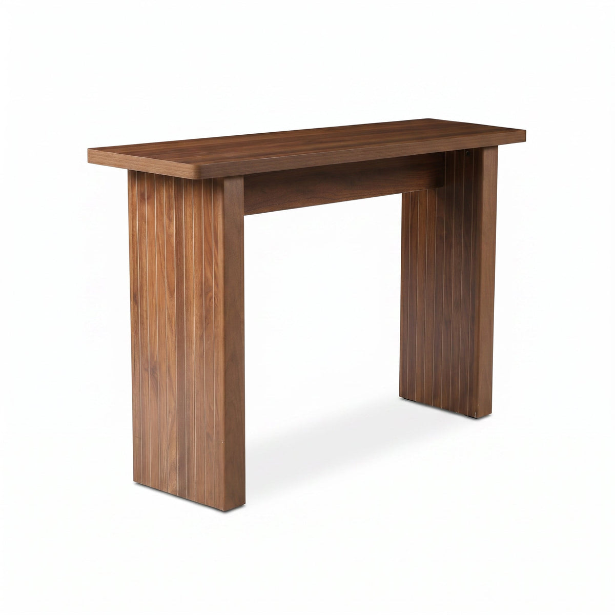 Walnut-finish solid wood console table, angled view showing ribbed square legs and natural wood grain on white background