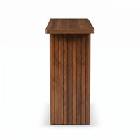 Walnut-finish solid wood console table, side profile view showing vertical ribbed leg panel and flat rectangular top