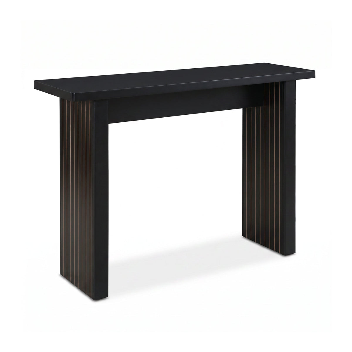 Black console table with vertical ribbed leg panels revealing warm wood grain, flat top, angled three-quarter view on whit…