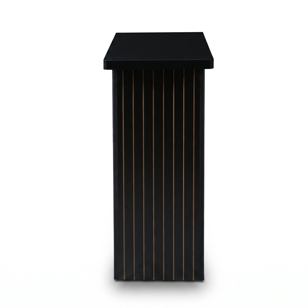 Narrow side profile of black console table showing vertical ribbed panels with warm wood grain lines, white background