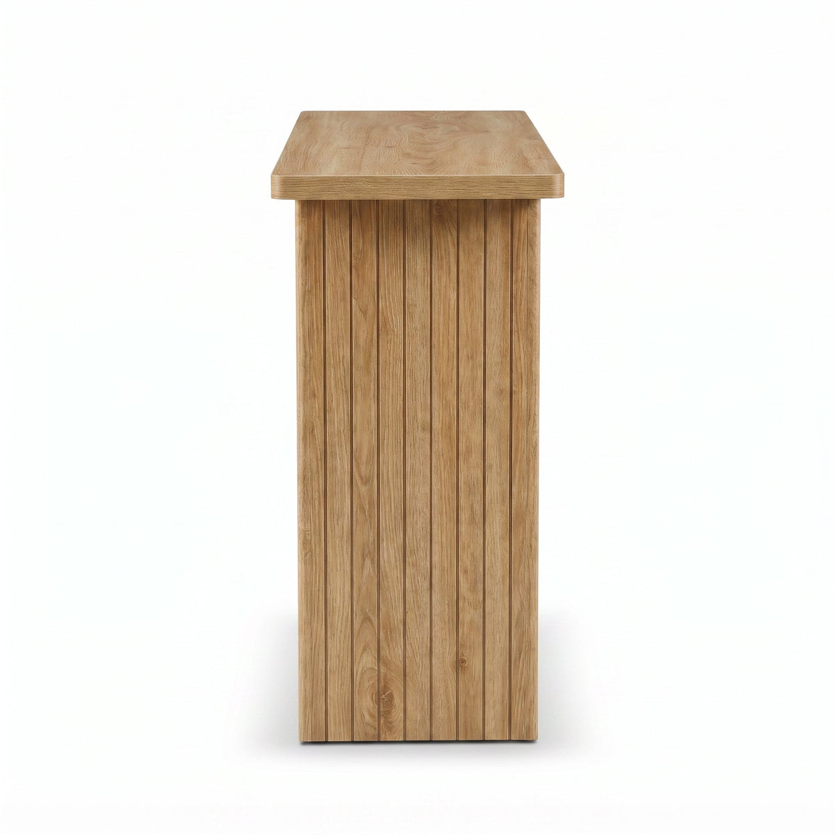 Side profile view of a light oak console table showing vertical ribbed slab legs and flat rectangular top, white background