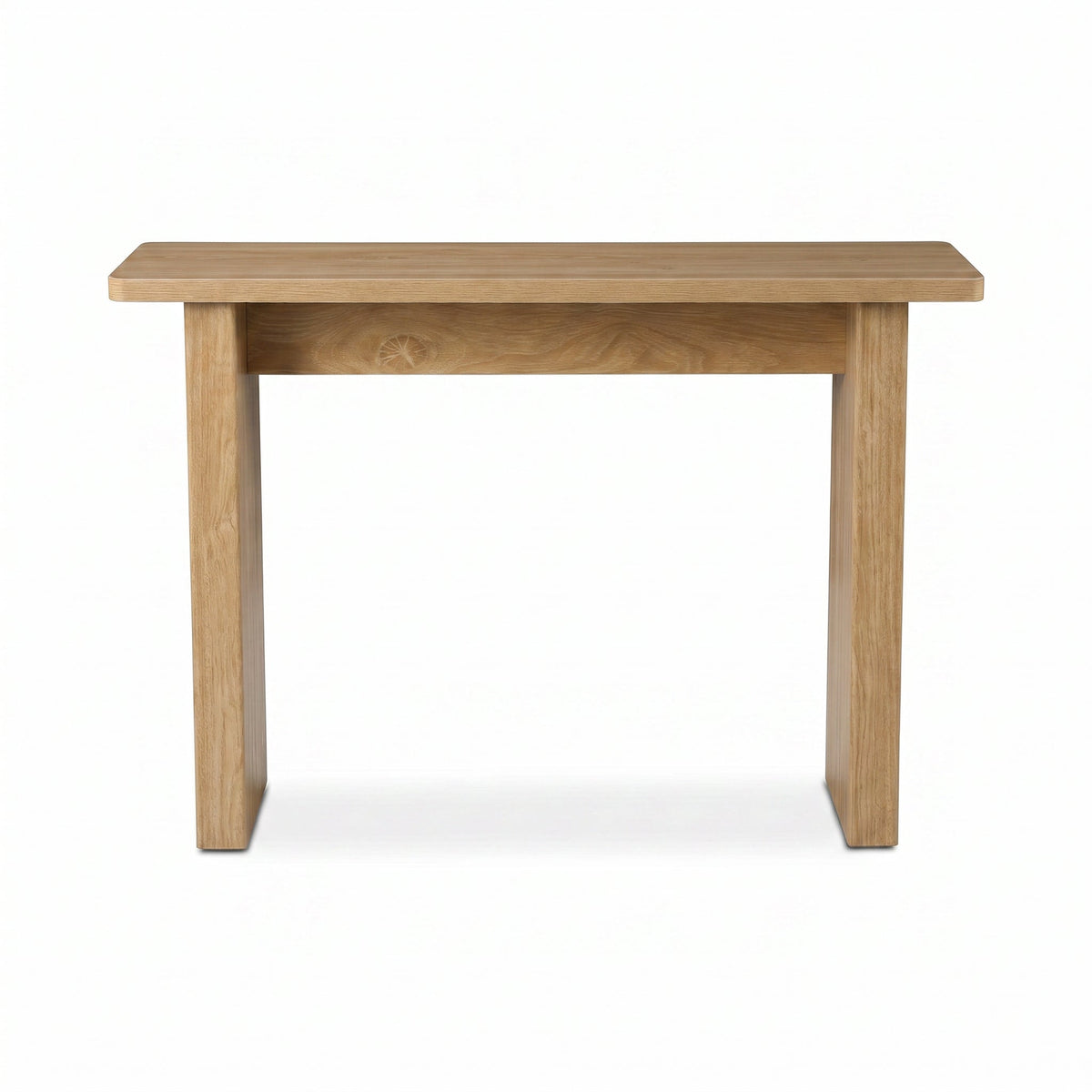 Front-on view of a light oak console table with flat slab legs and rounded-edge rectangular top, white background