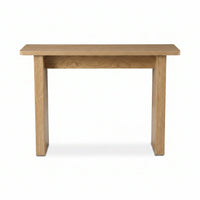 Front-on view of a light oak console table with flat slab legs and rounded-edge rectangular top, white background