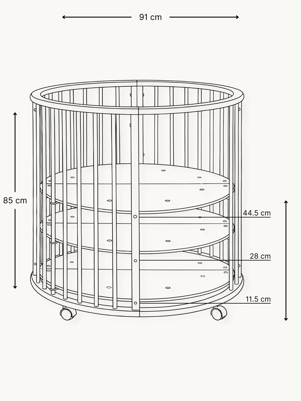 Line drawing diagram of round wooden playpen showing dimensions: 91 cm wide, 85 cm tall, with mattress height positions at…