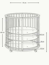 Line drawing diagram of round wooden playpen showing dimensions: 91 cm wide, 85 cm tall, with mattress height positions at…