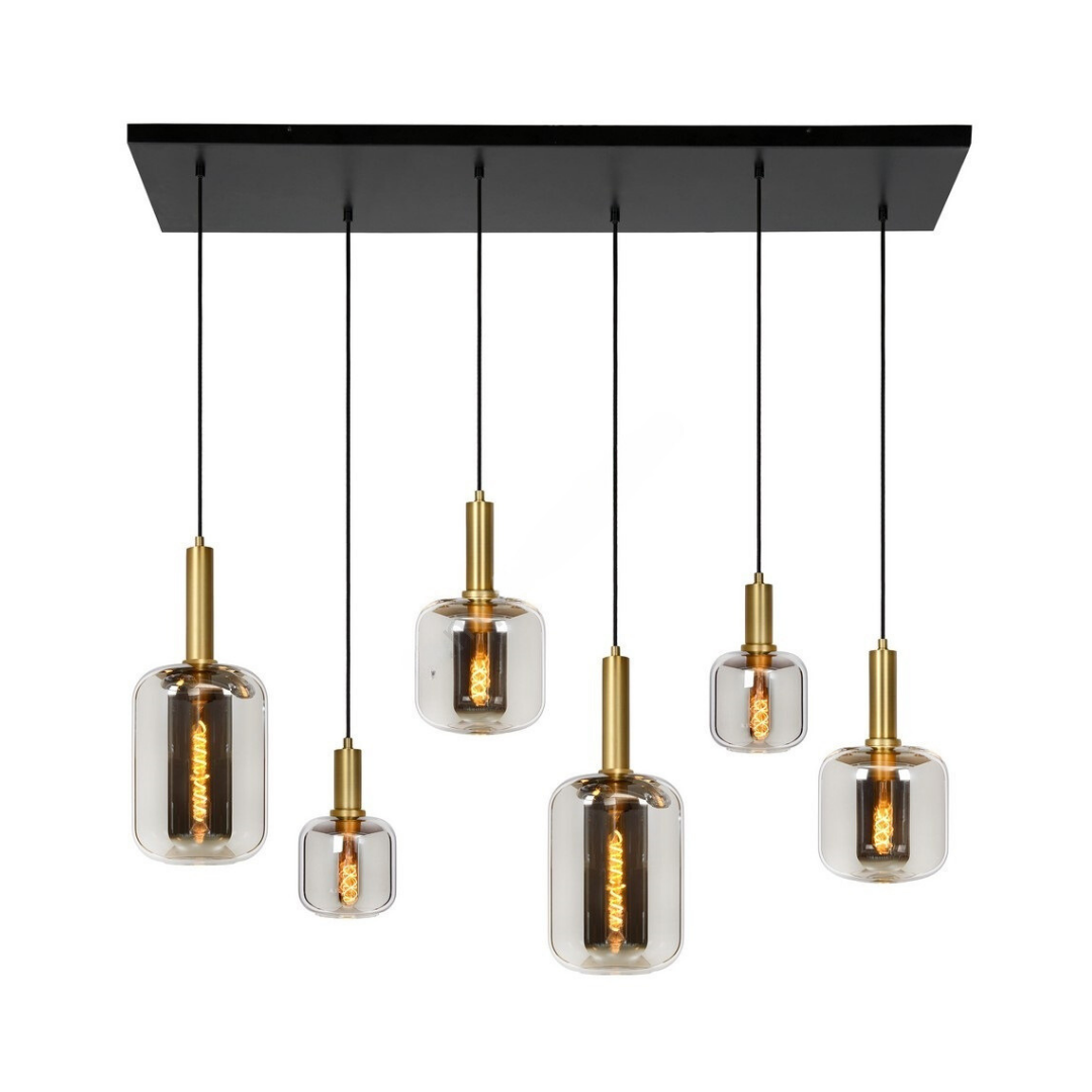 SensaHome MD80185-6 Glazen Hanglamp Goud - Eettafel Verlichting - 6-lichts Eetkamer Lamp - 132x21,8cm - E27 Fitting - Exclusief Lichtbron