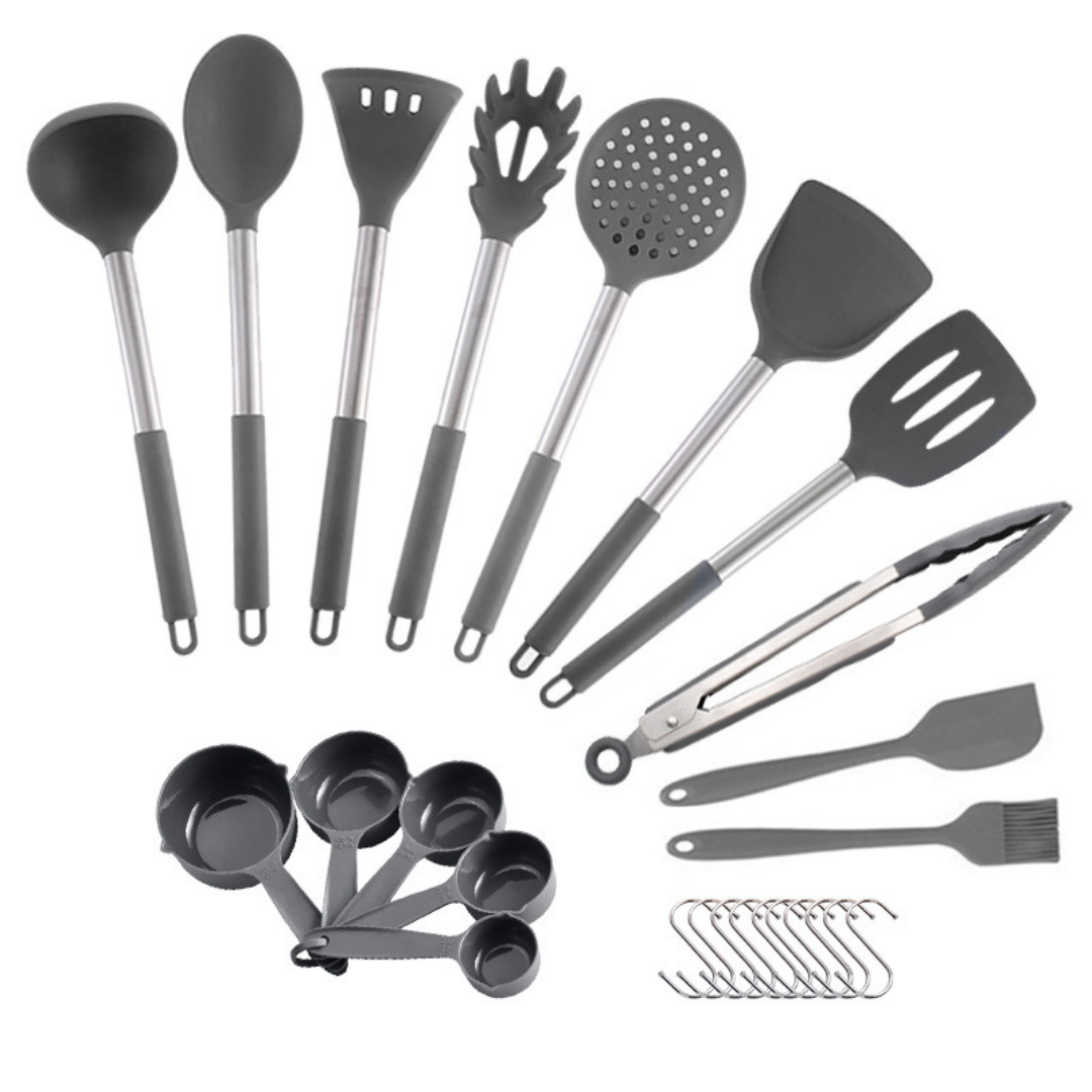 SensaHome - Set di pentole di lusso in silicone con manico in acciaio inossidabile - Set di pentole in silicone - 34 pezzi - Con supporto - Antiaderente - Adatto per alimenti - Resistente al calore - Acciaio inossidabile/Grigio