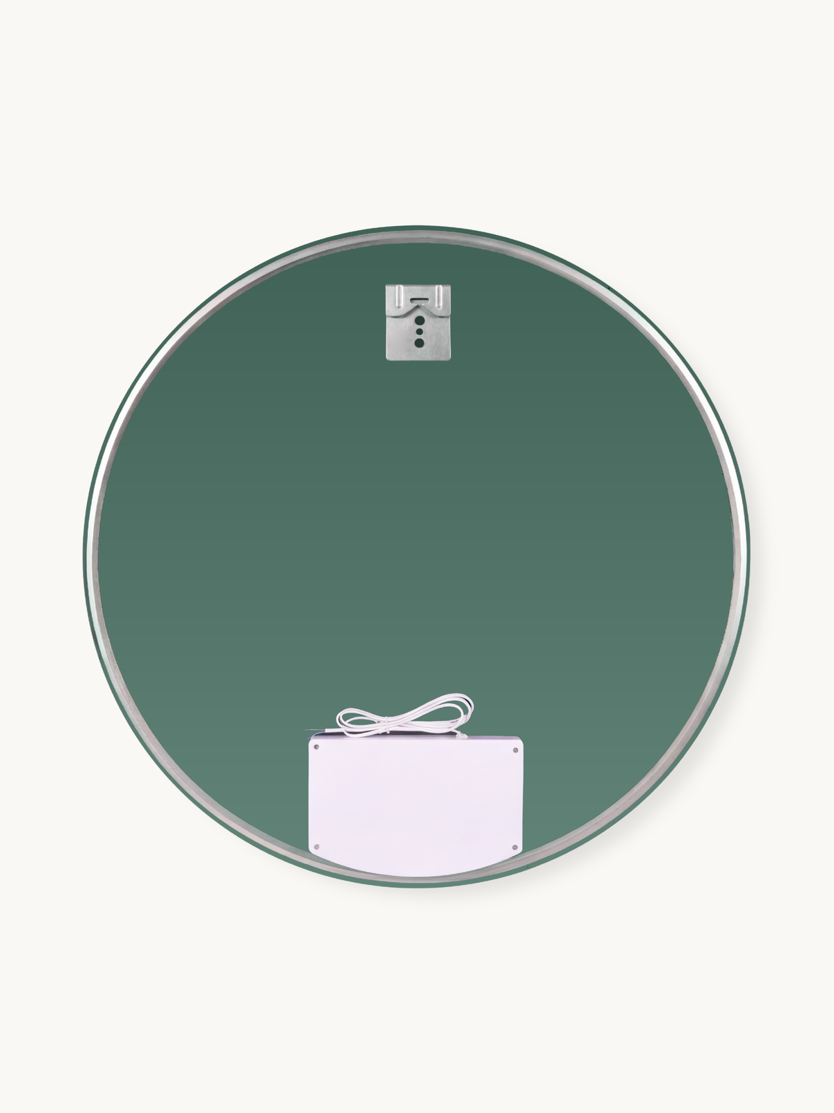 Back view of round green-backed LED bathroom mirror showing silver wall-mount bracket at top and white electronic control…