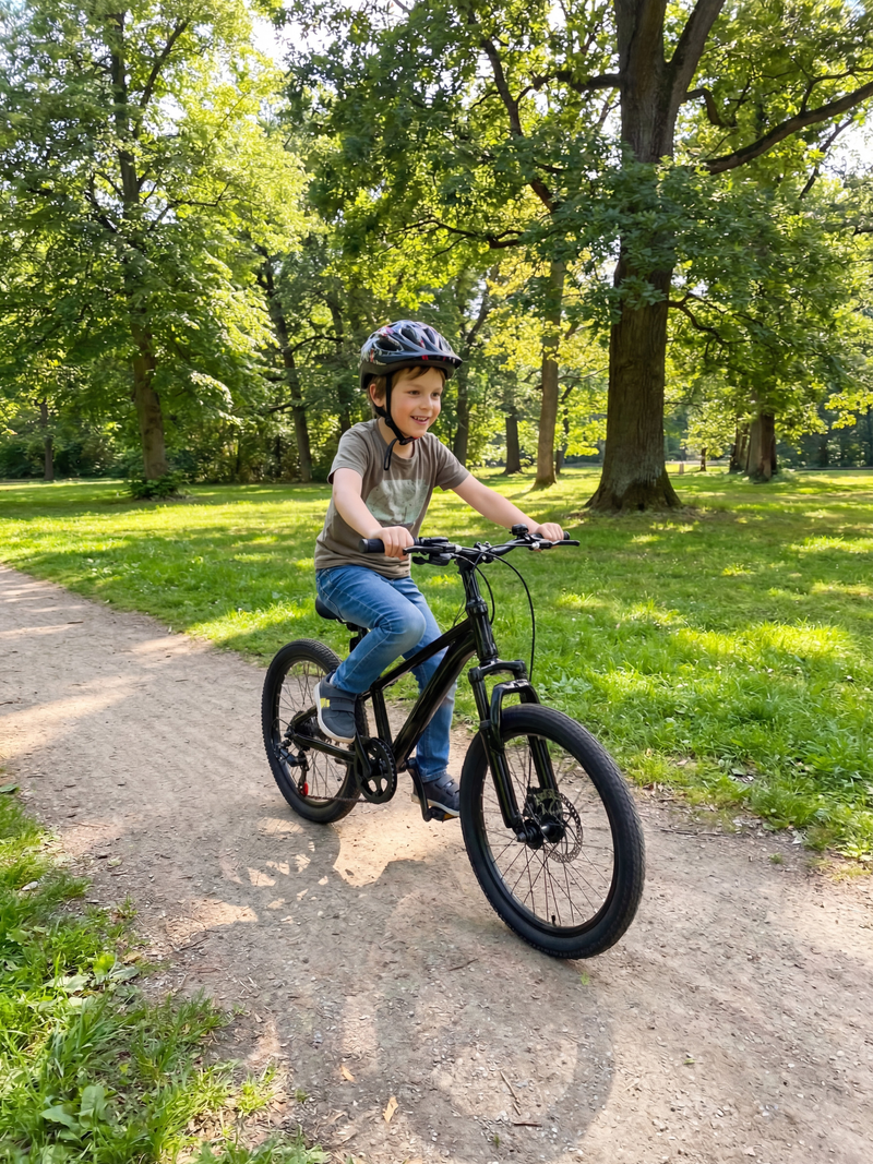Young boy riding black 20-inch kids' mountain bike on sunny park dirt path, wearing helmet, front suspension and disc brak…