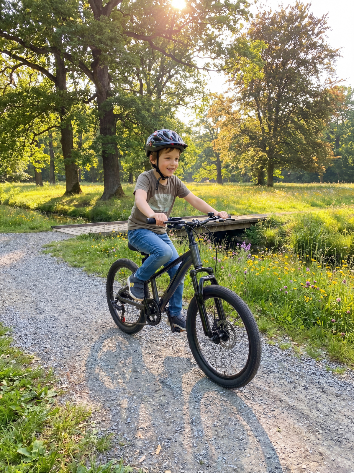 Young boy riding grey Austin 20-inch kids' mountain bike on a gravel path through a sunny park, wearing helmet