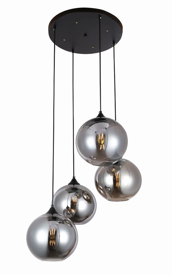 SensaHome MD82494A-4 Hanging Lamp Round Black - 4-light Smokey Glass Hanging Lamps Dining Room/Living Room - Smoke Glass Dining Table Lamp - 35x15cm - 4xE27 40W - Excl. Light source