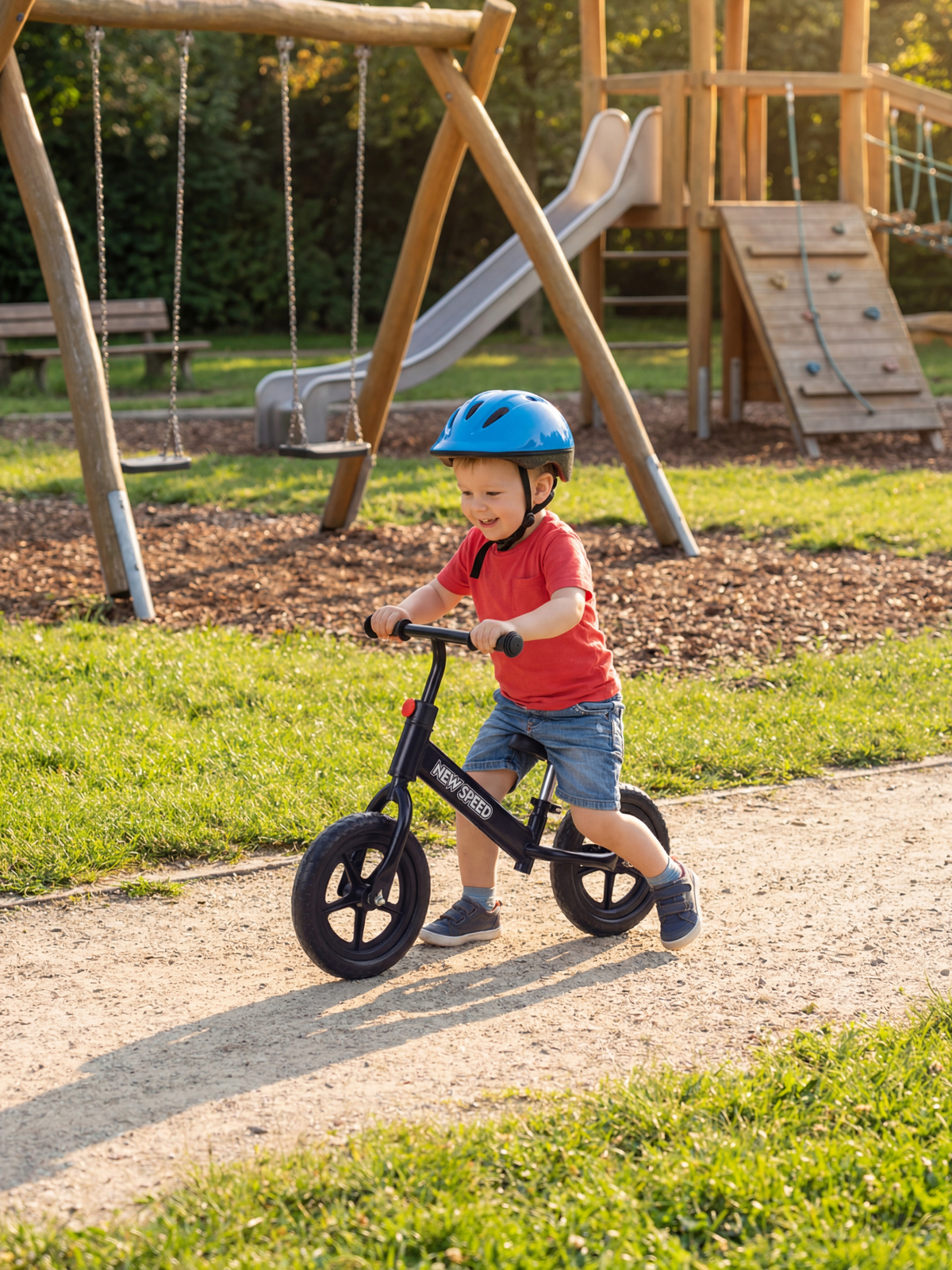 Toddler in blue helmet riding black New Speed balance bike along a playground path, swings and slide in background
