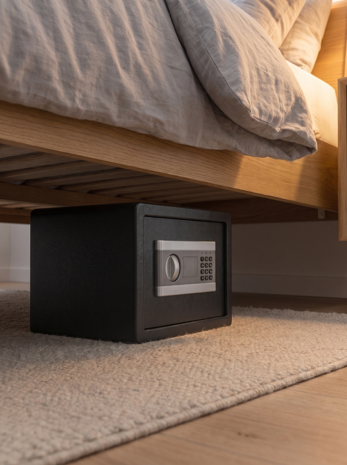 Black fireproof safe with silver digital keypad stored on carpet under a wooden bed frame in a bedroom setting