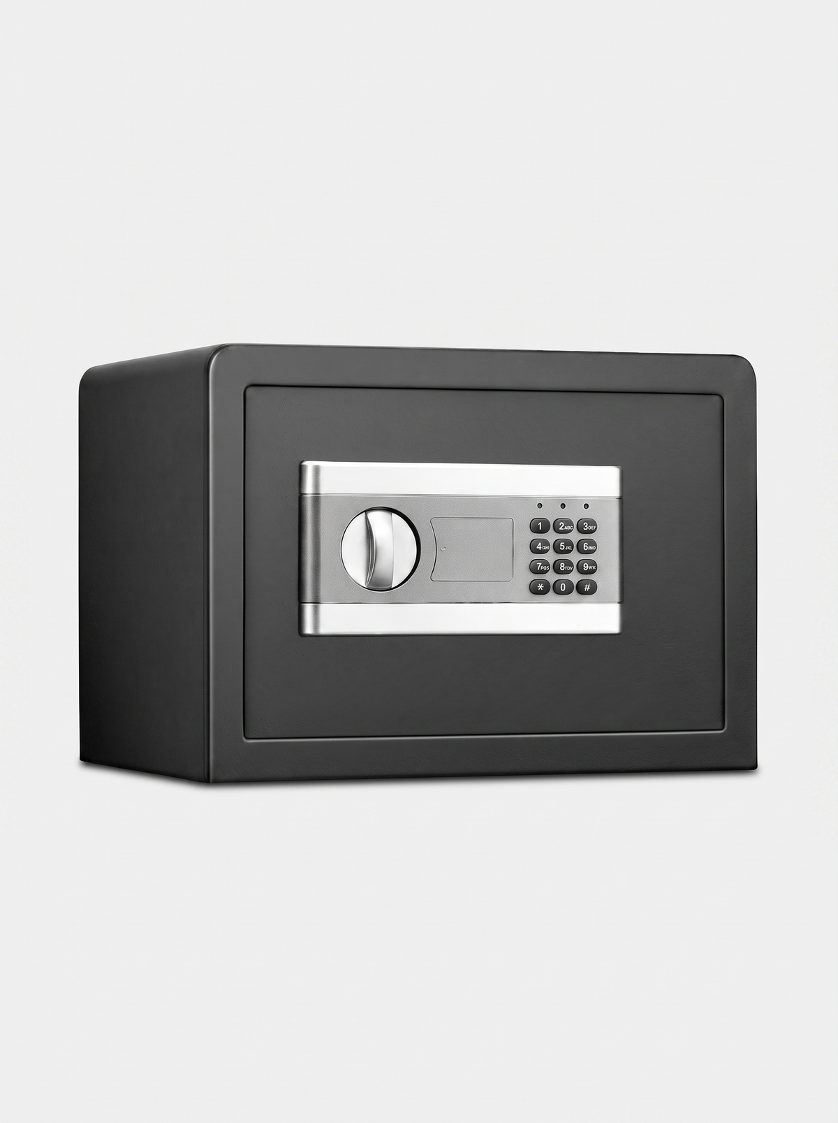 Black steel fireproof safe, angled front view, silver digital keypad and rotary handle on matte dark body