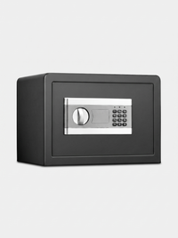 Black steel fireproof safe, angled front view, silver digital keypad and rotary handle on matte dark body