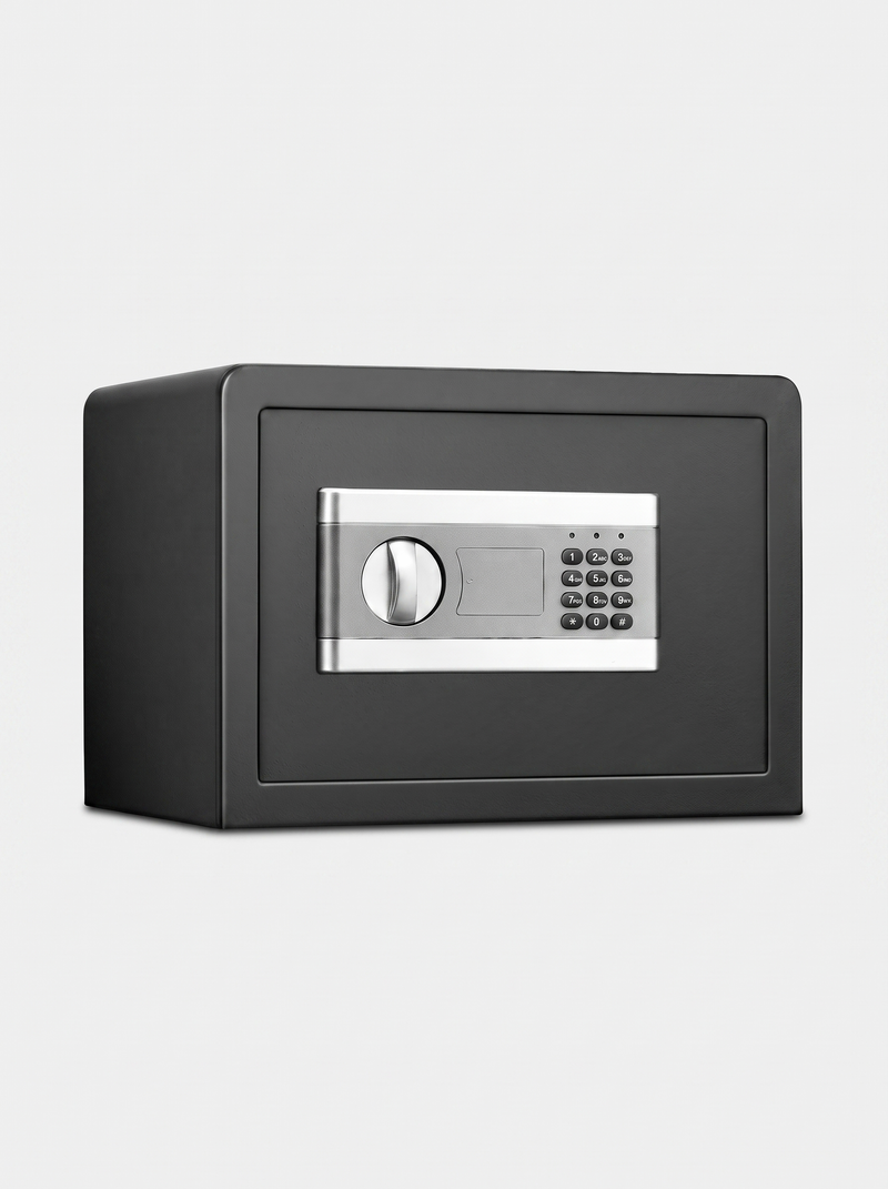 Black steel fireproof safe, angled front view, silver digital keypad and rotary handle on matte dark body