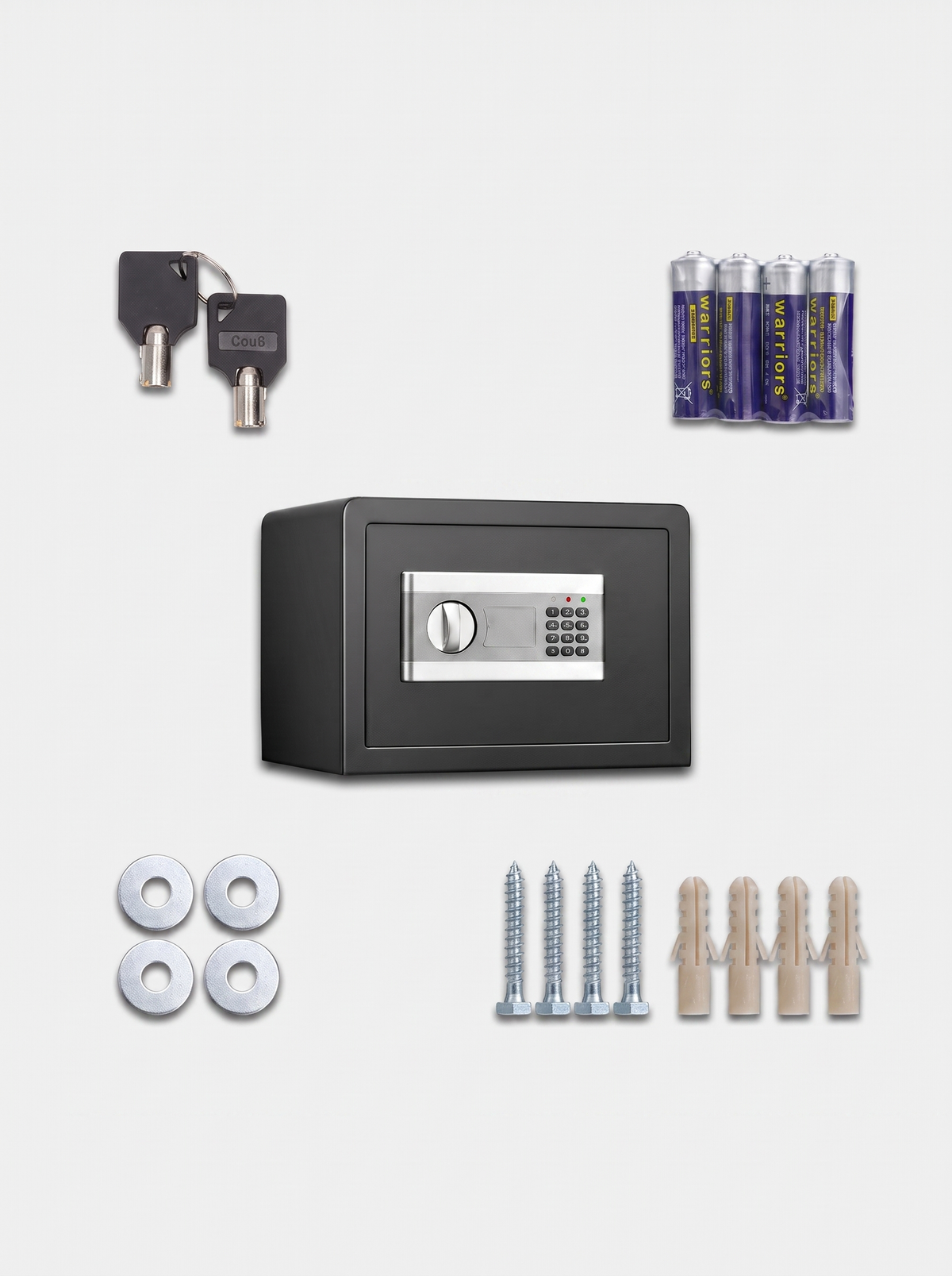 Black digital safe with all included accessories laid out: two override keys, four AA batteries, four washers, four screws…