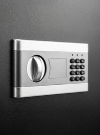 Close-up of silver brushed-steel digital lock panel with rotary dial and numeric keypad on black safe door