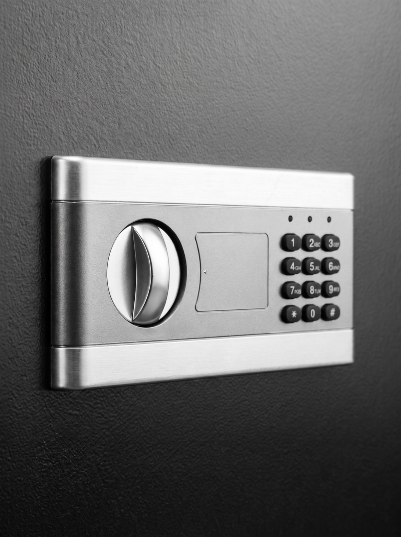 Close-up of silver brushed-steel digital lock panel with rotary dial and numeric keypad on black safe door