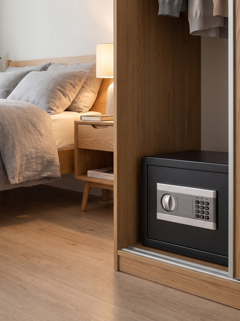 Black fireproof safe stored on wardrobe floor shelf in a bedroom, silver keypad and dial visible, closed door slid open