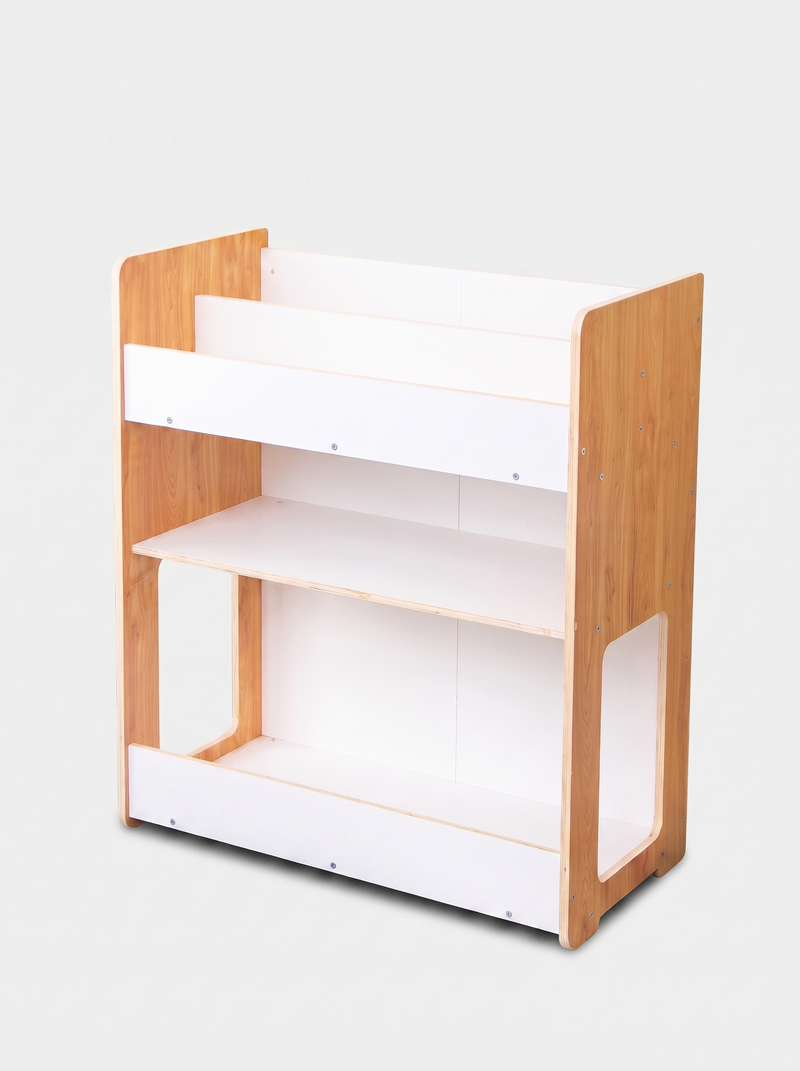 Three-tier children's bookcase with natural wood sides and white shelves, angled front view, no bins shown, light grey bac…
