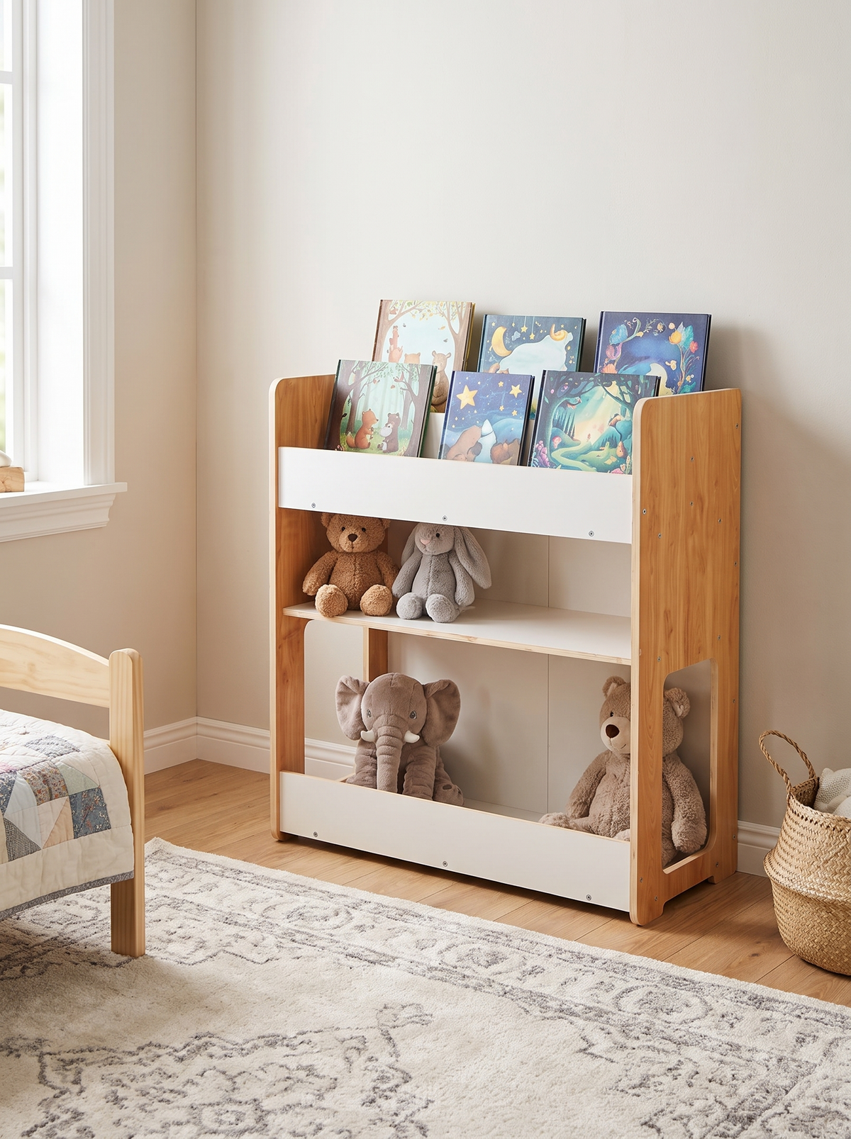 Natural wood and white kids bookcase styled in a child's bedroom, upper slot holds picture books, two lower shelves displa…
