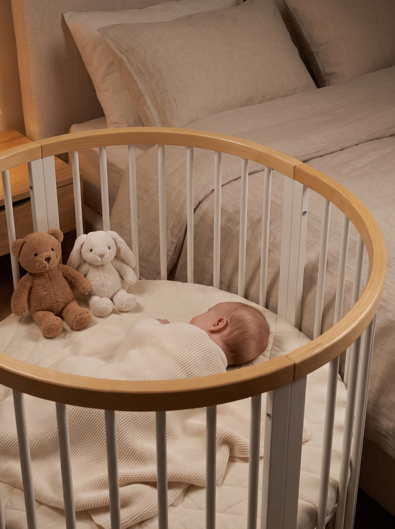 Round wooden bassinet with white slats beside a parent's bed, sleeping newborn inside with teddy bear and bunny soft toys,…