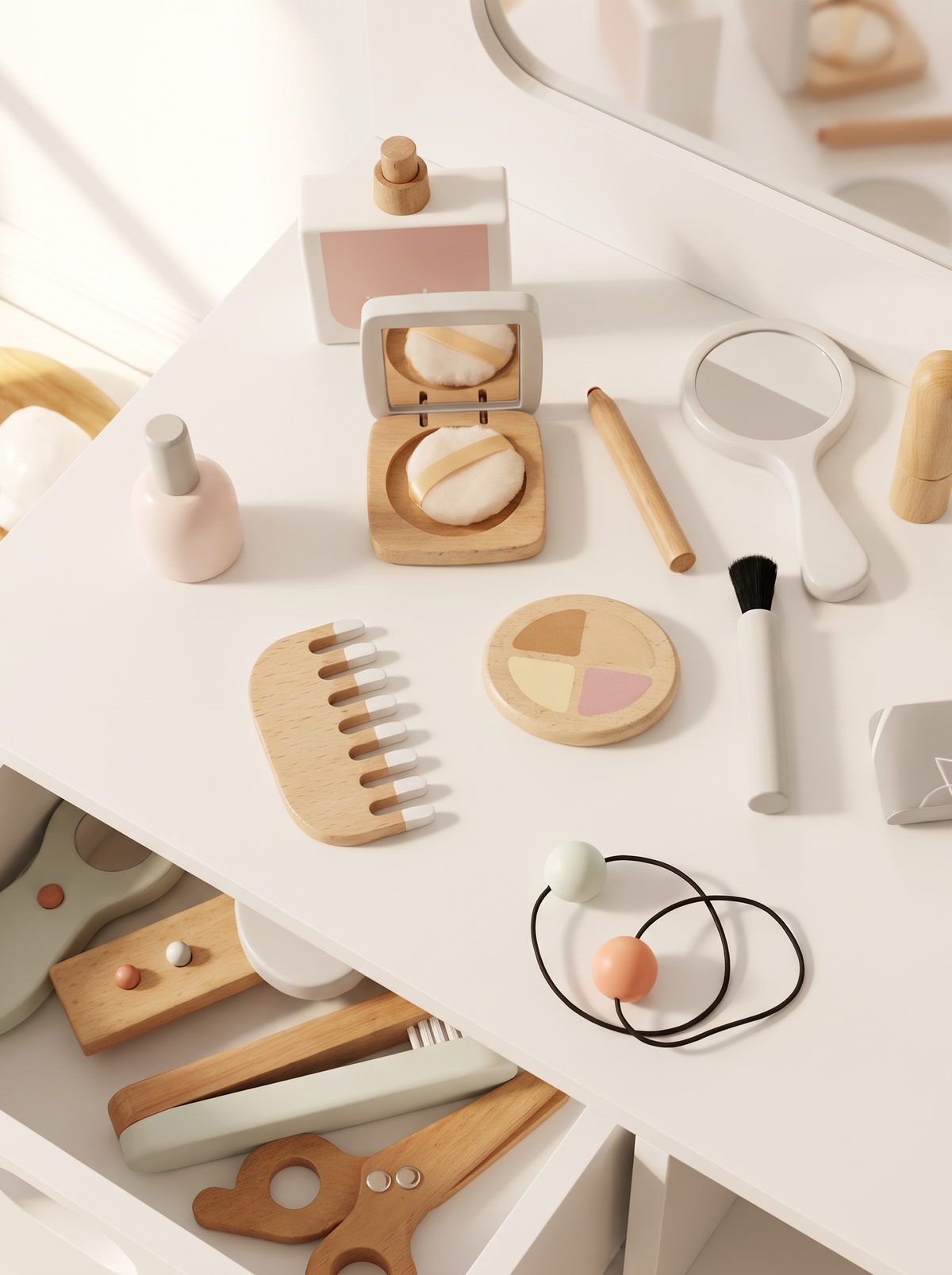 Overhead view of white wooden kids' vanity top with open drawer, toy wooden comb, compact, eyeshadow palette, brush, and h…