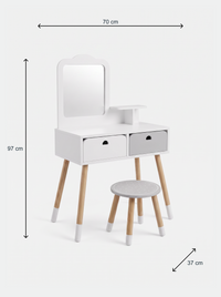 White and grey children's vanity set with dimension annotations: 70 cm wide, 97 cm tall, stool 37 cm diameter