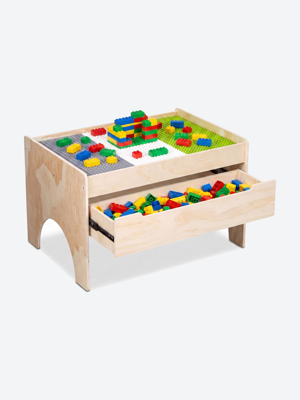 Children's play table with building plate and storage drawer
