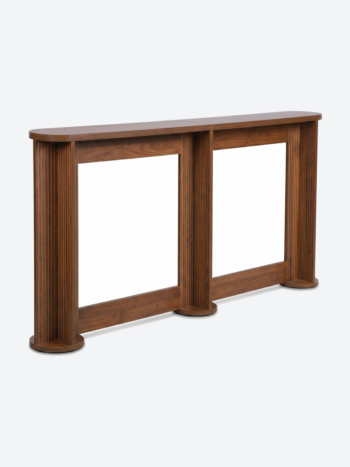 Japandi console table with ribbed column legs and oval tabletop