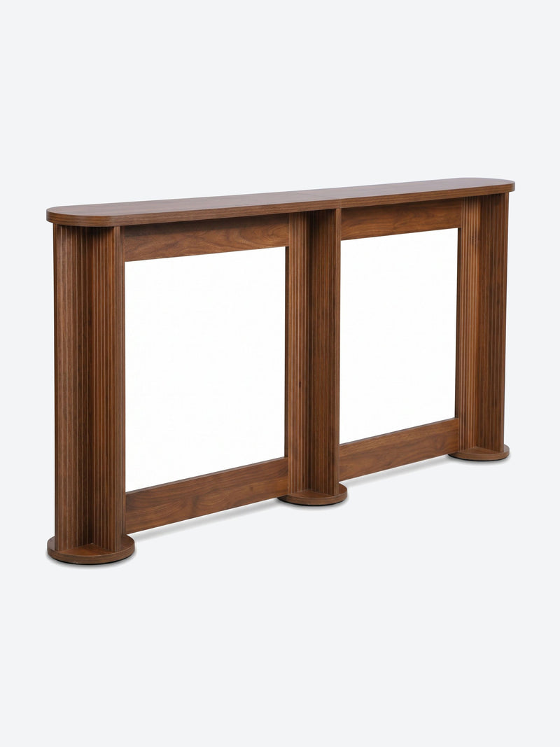 Japandi console table with ribbed column legs and oval tabletop