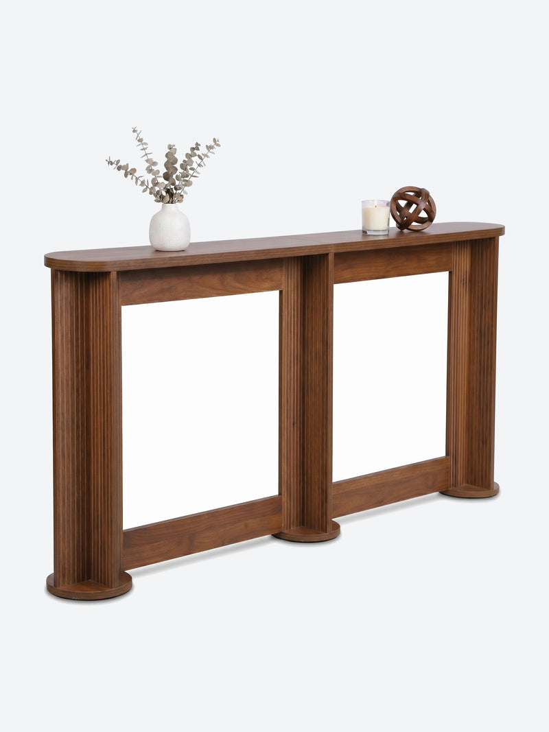Japandi console table with ribbed column legs and oval tabletop